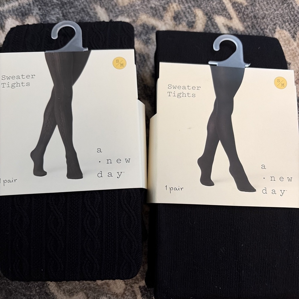 2 X Women's Knit Sweater Tights Black Size Small /Medium - A New Day Solid Cabl